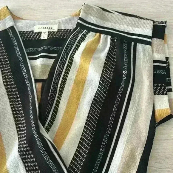Monteau Black Yellow White Striped Short Sleeve Top Size Large - Picture 4 of 12